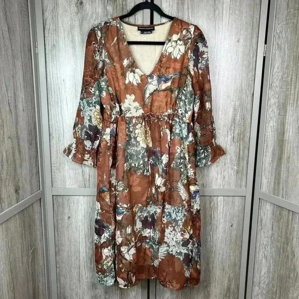 Hemant Nandita Dress Sz 4 Floral Peasant Zeri Knee Length V Neckline Tiered